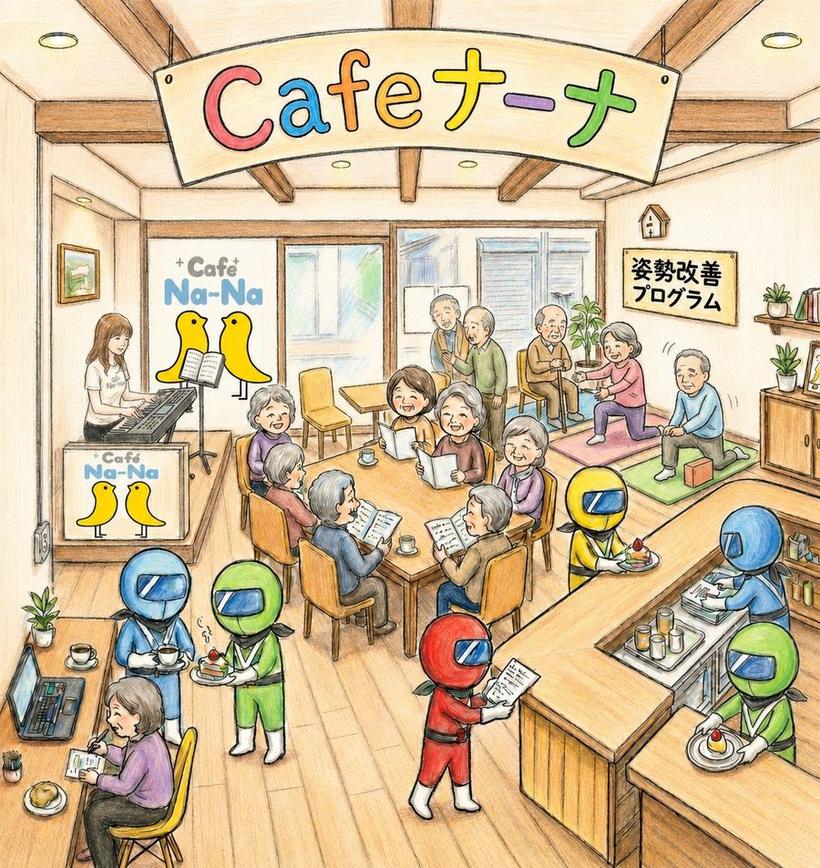Cafe ナーナで、地域の方々とレンジャーが集うイラスト