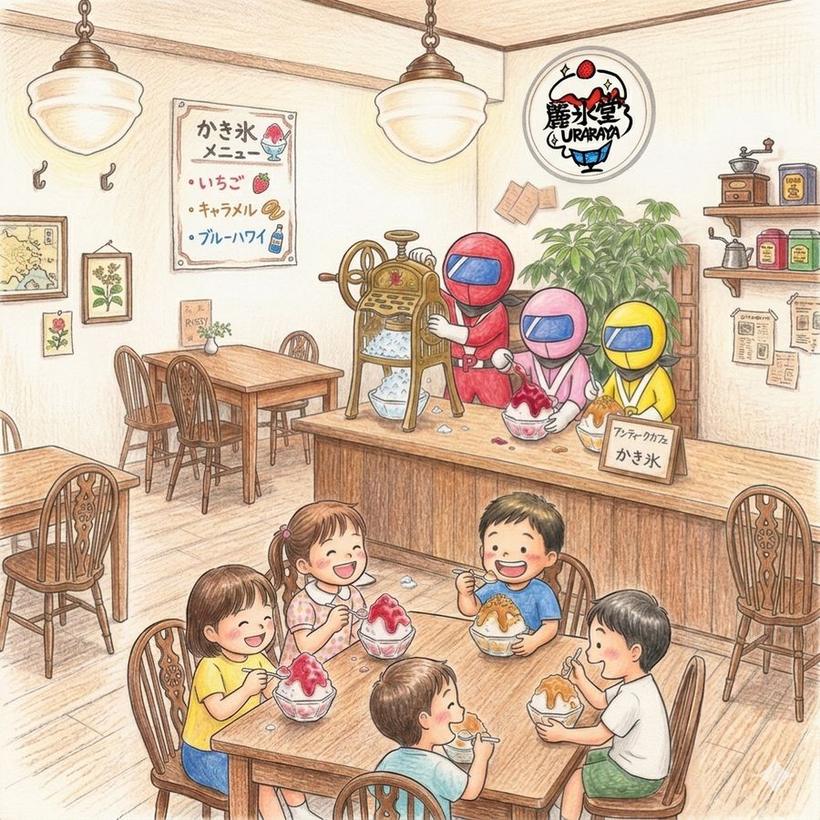 麗氷堂で、レンジャーたちがかき氷をふるまうイラスト