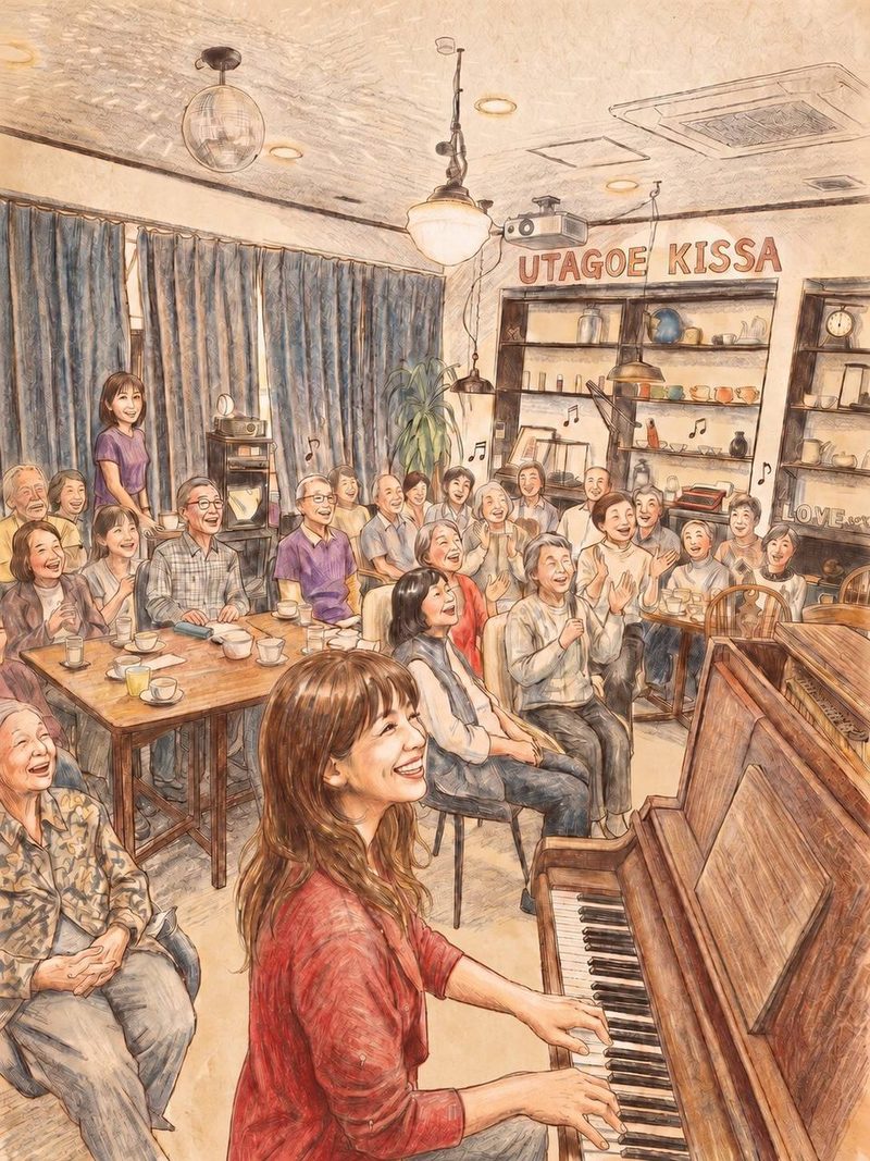 歌声喫茶ブルージーでピアノに合わせてみんなで歌うイラスト