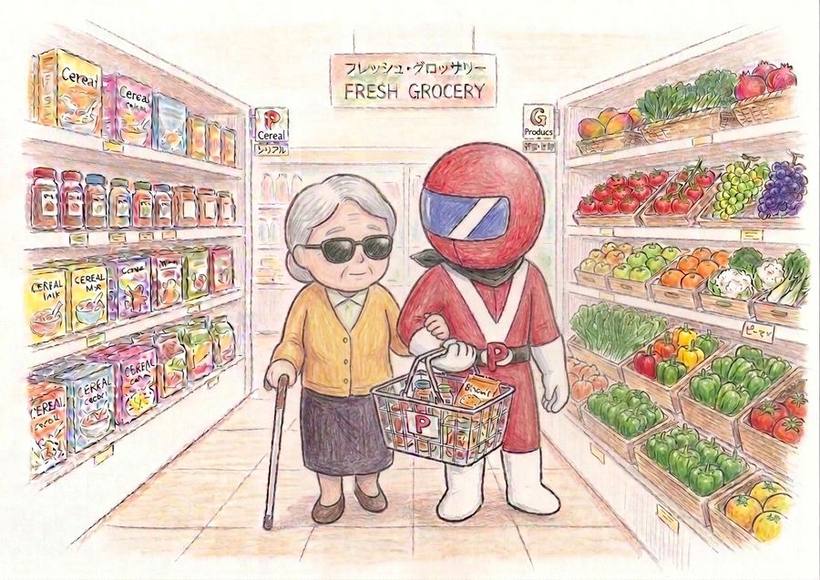 ヘルパーが障害のある方の買い物に付き添うイラスト
